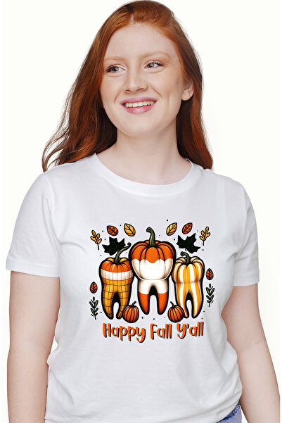 StoryGift Romania Tricou Femei cu mesajul "Happy Fall y'all", profesie, ilustratie, munca, dedicar WHT_XS