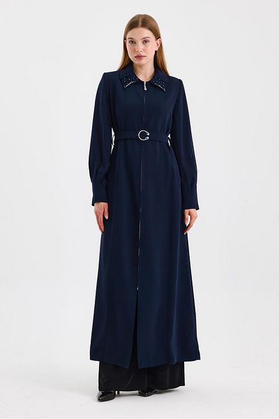 Zühre Collar Detailed Belted Navy Blue Overcoat 13591
