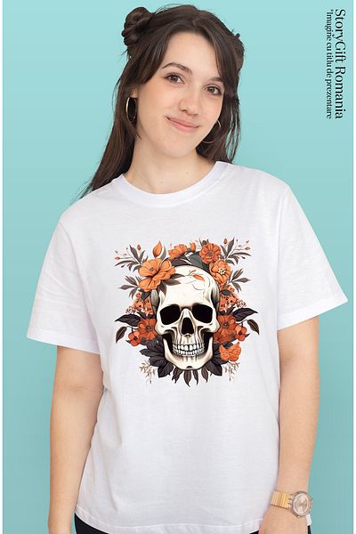 StoryGift Romania Women's T-shirt with a skull, illustration, orange flowers, plants, abstract, nature WHT_L,STG51563