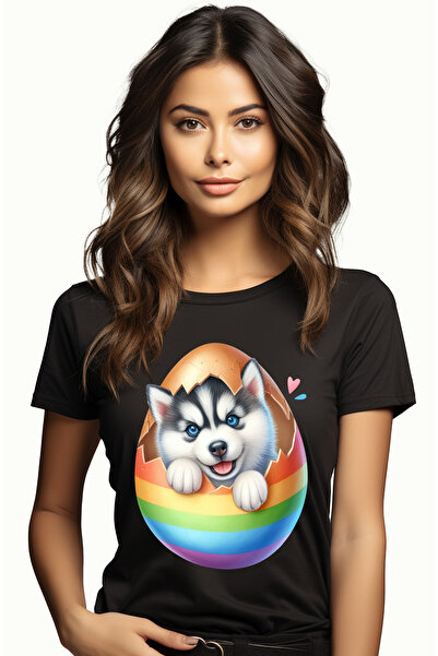 StoryGift Romania Tricou Femei cu un catel Husky care iese dintr-un ou spart,...