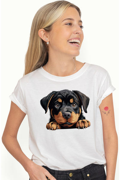 StoryGift Romania Tricou Femei cu un catel care priveste sfios, ilustratie, g...