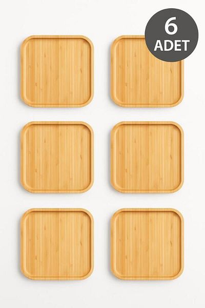Vadi Bamboo 6 Pieces 25X25 cm Square Snack Serving Plate - Stylish Wooden Serving Plate Set