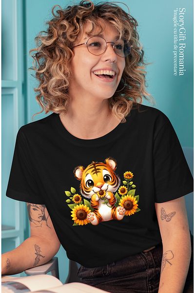 StoryGift Romania Women's T-shirt with a little tiger, illustration, sunflower, curious, playful, pl BLK_L