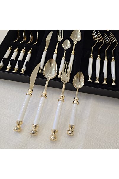 AlyaHomeAksesuar 24 Parça Porselen Yemek Kaşık Takımı Altın Titanyum