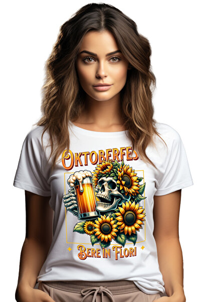 StoryGift Romania Tricou Femei Oktoberfest, Bere în Flori schelete cu halba de bere cu imprimeu pe WHT_M