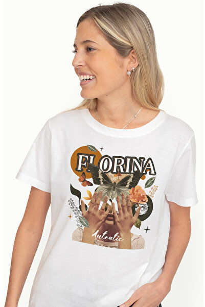StoryGift Romania Tricou Femei Cu Numele Florina, Colaj Fata, Fluture, Flori,...