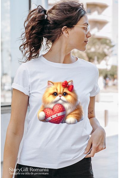 StoryGift Romania Women's T-shirt with an orange kitten, illustration, holding a heart, bow, for WHT_L