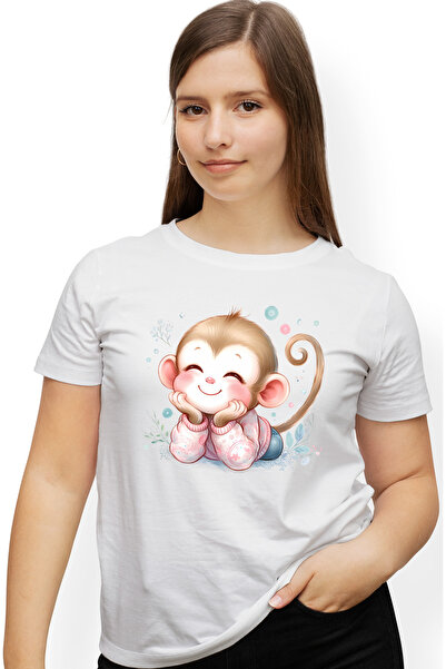 StoryGift Romania Tricou Femei cu o maimutica vesela, ilustratie, jungla, natura, plante, armonie, WHT_XS