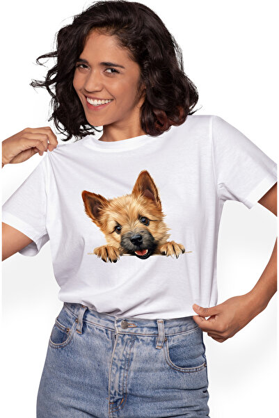 StoryGift Romania Tricou Femei cu un catel blanos, ilustratie, maro, se uita ...