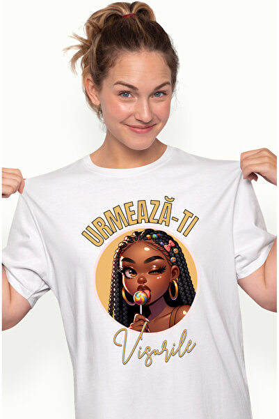 StoryGift Romania Tricou Femei Fata cu acadea, afro, Text motivational Urmeaza-ti Visurile cu impr WHT_XL