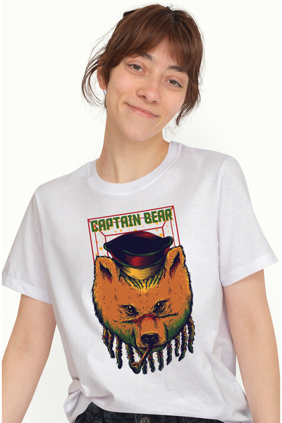 StoryGift Romania Tricou Femei Cu Portret Urs Cu Par Dreduri Palarie Rosie Si Trabuc, Text In Engl WHT_M