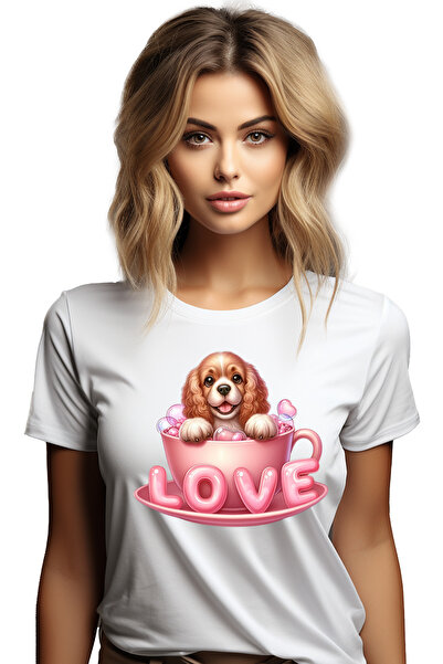 StoryGift Romania Tricou Femei cu o catelusa vesela, ilustratie, fericire, sta intr-o ceasca, mesa WHT_XS