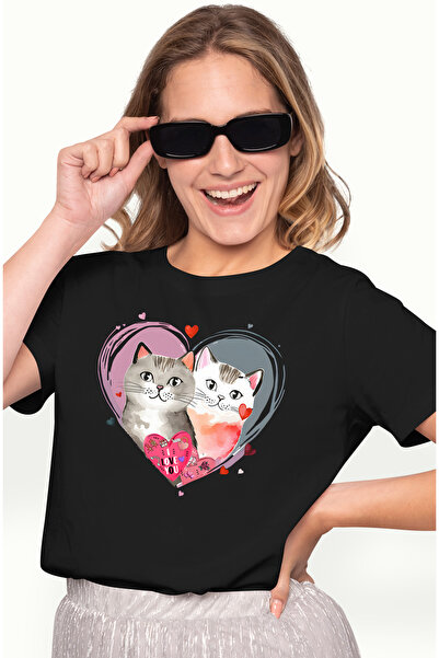 StoryGift Romania Tricou Femei cu 2 pisici cu mesajul "I love you", felicitar...