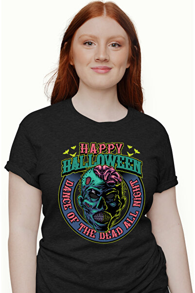 StoryGift Romania Tricou Femei Cu Mesaj In Engleza Happy Halloween, Zombie, Creier, Lilieci, Multi BLK_S