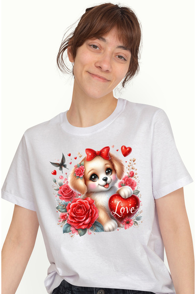 StoryGift Romania Tricou Femei cu o catelusa vesela, ilustratie, trandafiri, ...