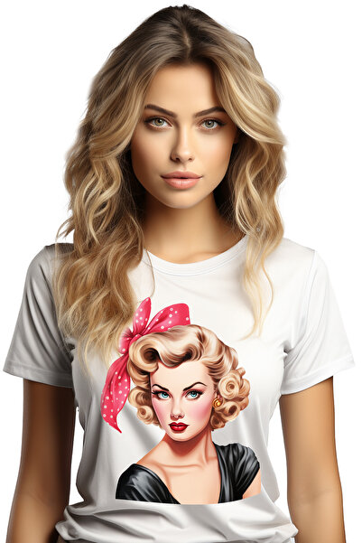 StoryGift Romania Tricou Femei cu o femeie frumoasa blonda, funda, ilustratie...