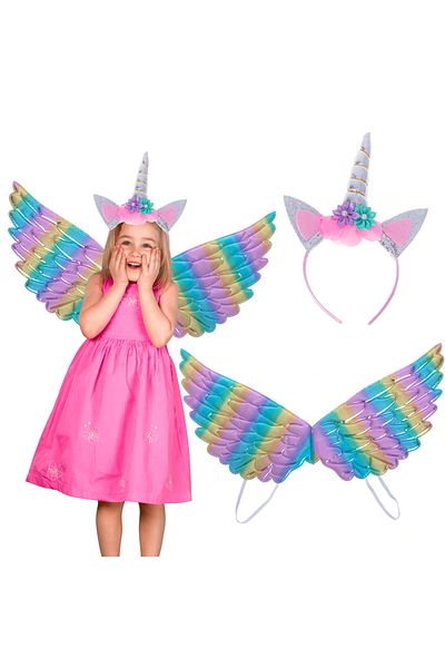 zola Costum carnaval pentru fetite, model unicorn, aripi multicolore si coronita, varsta 3-6 ani