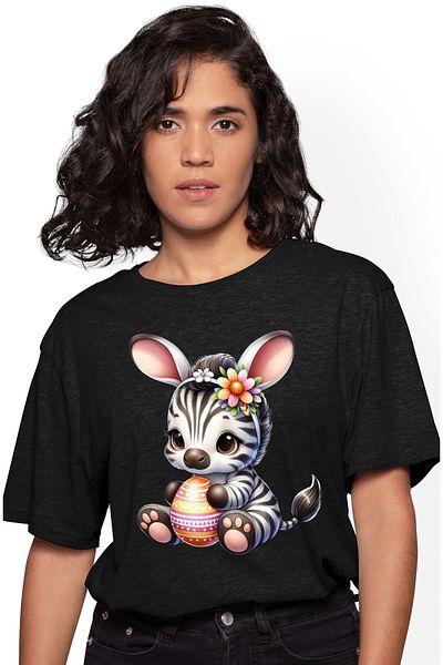 StoryGift Romania Women's T-shirt with a baby zebra holding a painted egg, illustration, flowers, ears BLK_S