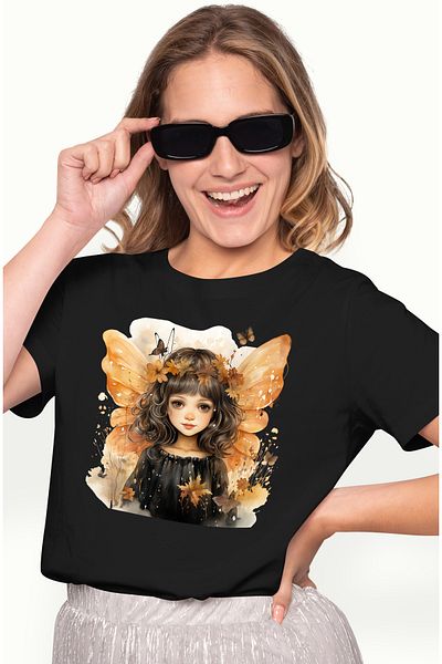 StoryGift Romania Women's T-shirt with little girl with butterfly wings, illustration, leaves, autumn, orange BLK_XS