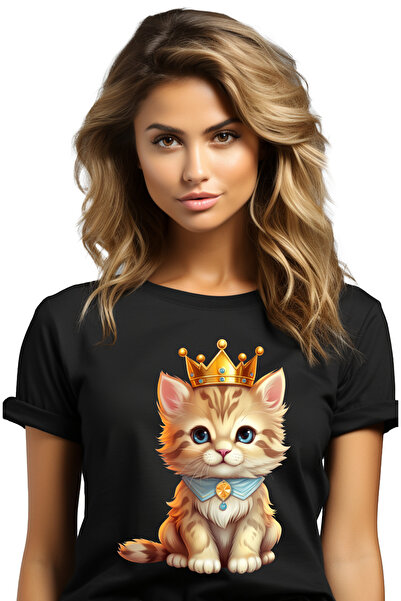 StoryGift Romania Tricou Femei cu o pisicuta cu coroana regala, vesela, jucau...