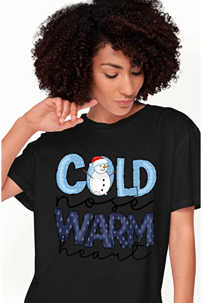 StoryGift Romania Tricou Femei cu om de zapada cu mesajul "Cold nose, warm heart", nas rece, inima BLK_XL