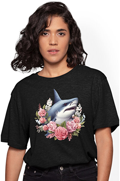 StoryGift Romania Tricou Femei cu un rechin furios, ilustratie, trandafiri, flori, plante, frunze, BLK_S