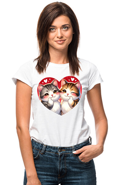 StoryGift Romania Tricou Femei cu 2 pisicute grasute, blanoase, ilustratie, inima, apropiate, Vale WHT_L