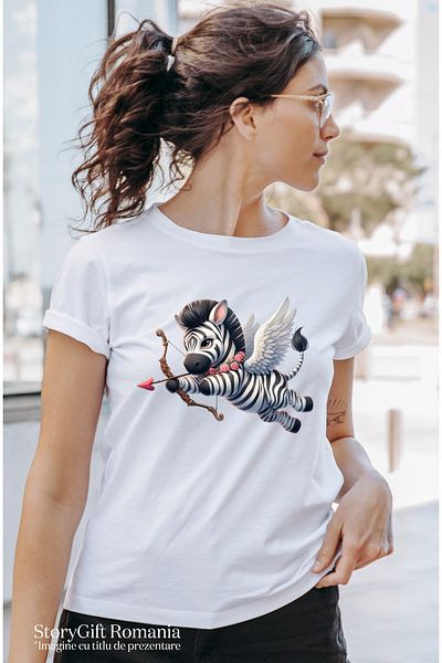 StoryGift Romania Women's T-shirt with a zebra Cupid, shooting a bow, illustration, Valentine's Day, in WHT_L