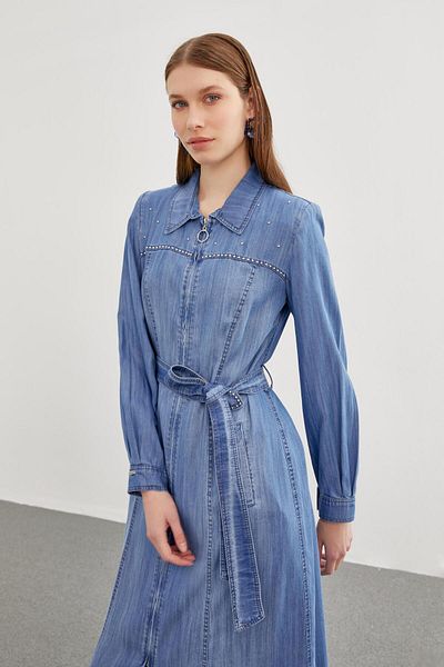 Zühre Denim Zipper Closure Blue Overcoat 13509