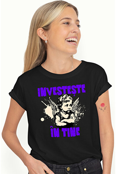 StoryGift Romania Tricou Femei Inger suparat cu aripi text investeşte în tine...