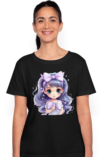 StoryGift Romania Tricou Femei cu o fetita dragalasa, ilustratie, funda, mov, vesela, ochii mari, BLK_M