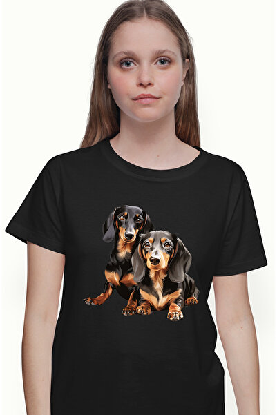 StoryGift Romania Tricou Femei cu 2 catei Dachshund, ilustratie, bucurie, cur...