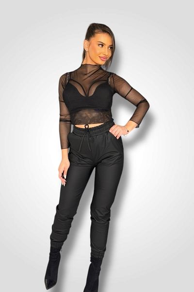 BOMBFIT Noir Leather Premium high-waisted trousers with drawstring waist