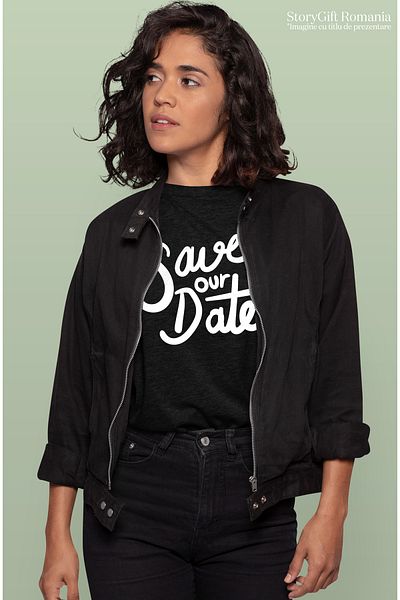 StoryGift Romania Tricou Femei cu mesajul in engleza "Save our date" - salveaza intalnirea noastra BLK_M