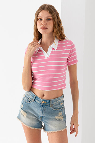 GİYSA Дамска памучна тениска с поло яка на райета, розово-бяла - 25795