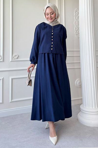 InStyle Dark Navy Blue Suit with Elastic Button Detail Skirt