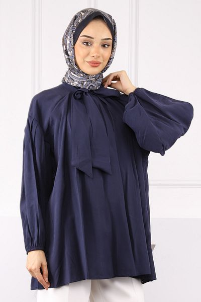 İmajButik Μπλε ναυτικό γιακά με λεπτομέρεια μπαλόνι μανίκι τουνίκ
