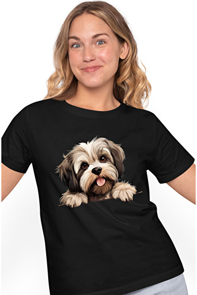 StoryGift Romania Tricou Femei cu un catel blanos de talie mica, ilustratie, limba scoasa, pentru BLK_L