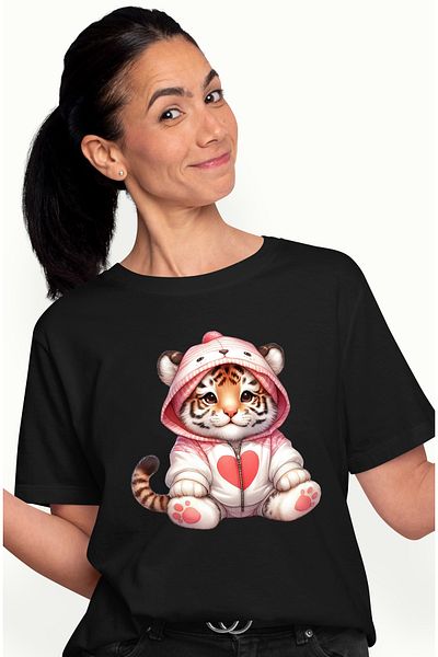 StoryGift Romania Women's T-shirt with a tiger cub in a hoodie, heart, illustration, for children, BLK_XL