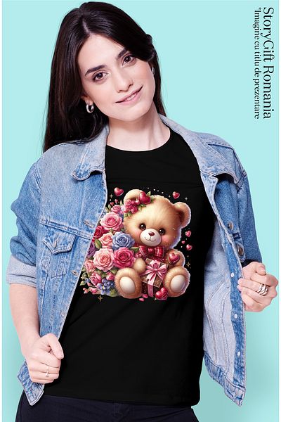 StoryGift Romania Tricou Femei cu un ursulet fericit si imbujorat, de plus, ilustratie, trandafiri BLK_XL