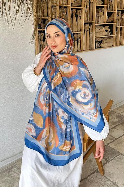 lamelif Flower Pattern Cotton Shawl Blue