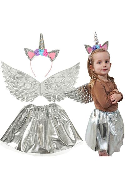 zola Costum carnaval pentru fetite, model unicorn, aripi argintii ,coronita si fustita, varsta + 3 ani