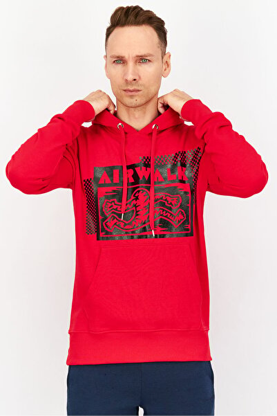 Airwalk Men Hooded Drawstring Printed Long Sleeve Sweatshirts, Red