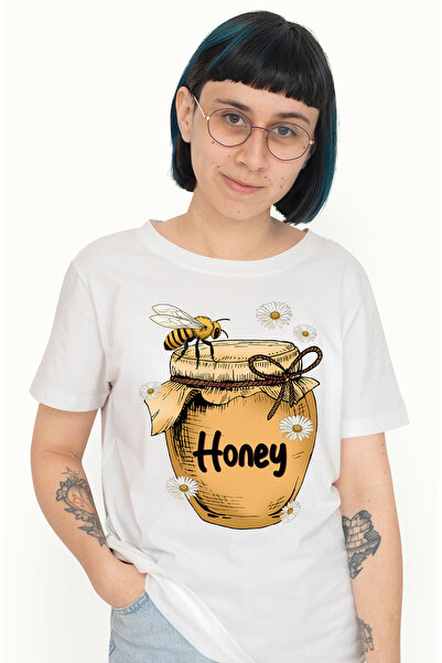 StoryGift Romania Tricou Femei cu o albina care sta deasupra unui borcan cu miere cu mesajul "Hone WHT_XS