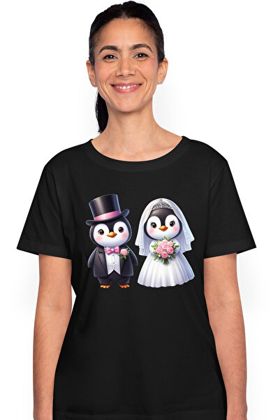 StoryGift Romania Tricou Femei cu 2 pinguini la nunta, ilustratie, rochie de ...