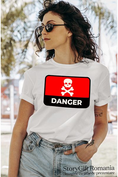 StoryGift Romania Women's T-Shirt With Message In English Danger, Bones, Skull, Danger, Multicolor with i WHT_L,STG51995