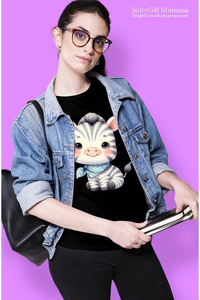 StoryGift Romania Women's T-shirt with a small, blushing zebra, illustration, bandana around the neck, cute BLK_XS