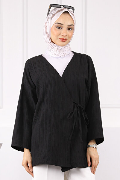 İmajButik Kimono negru cu cravată laterală