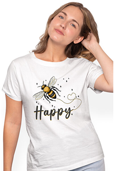 StoryGift Romania Tricou Femei cu albina in zbor cu mesajul "Happy", fericire...
