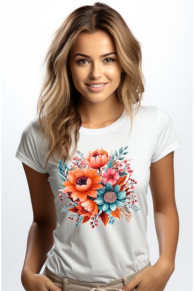 StoryGift Romania Women's T-shirt with different flowers, illustration, orange, blue, gift, plants, WHT_S
